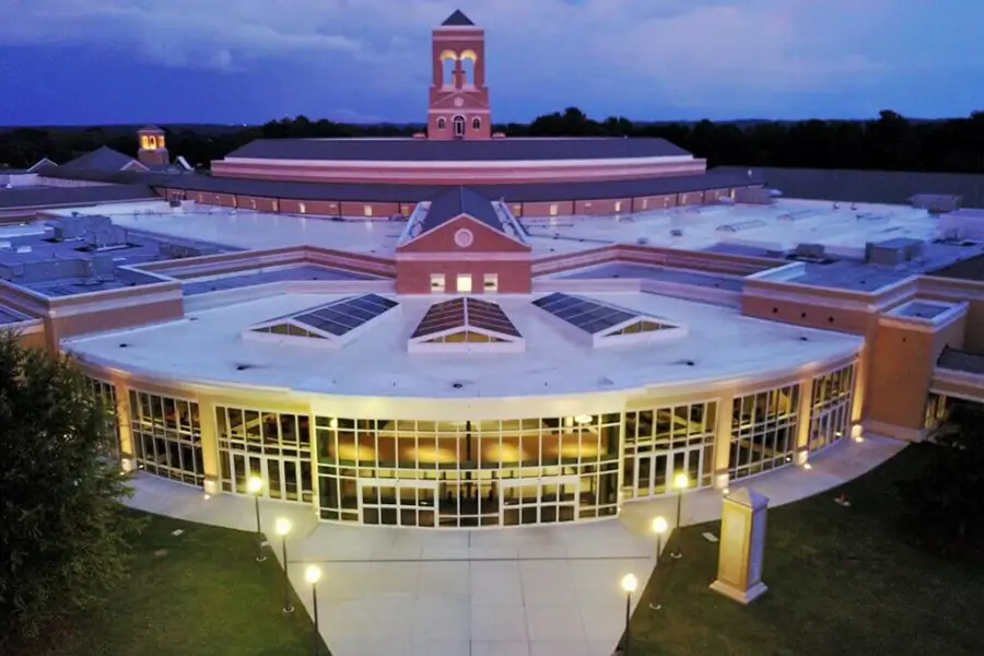 overhead aerial view of perimeter church