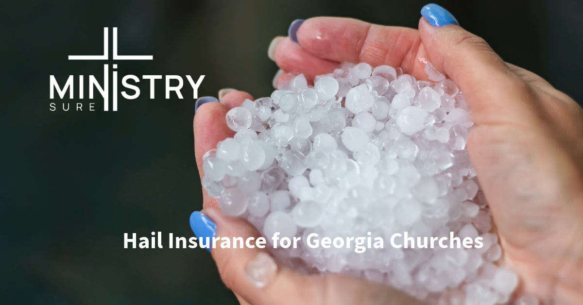 a hand holding hailstones with MinistrySure logo and Hail Insurance for Georgia Churches written appearing above and below