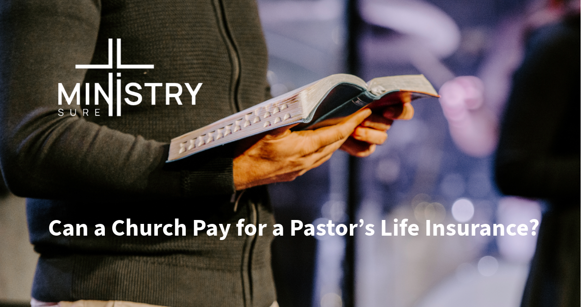 Person holding an open book in a church setting with the MinistrySure logo and a question about life insurance for pastors.