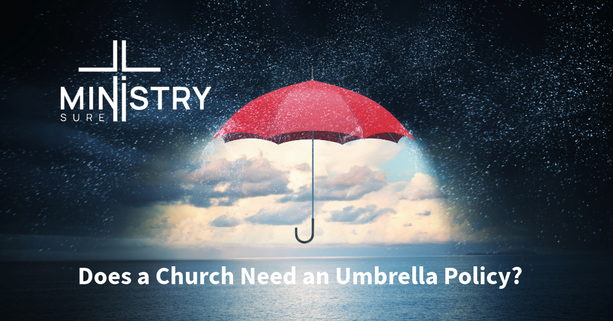 A red umbrella is shown in a stormy sky with rain falling and clouds in the background. The logo of MinistrySure is in the top left corner.