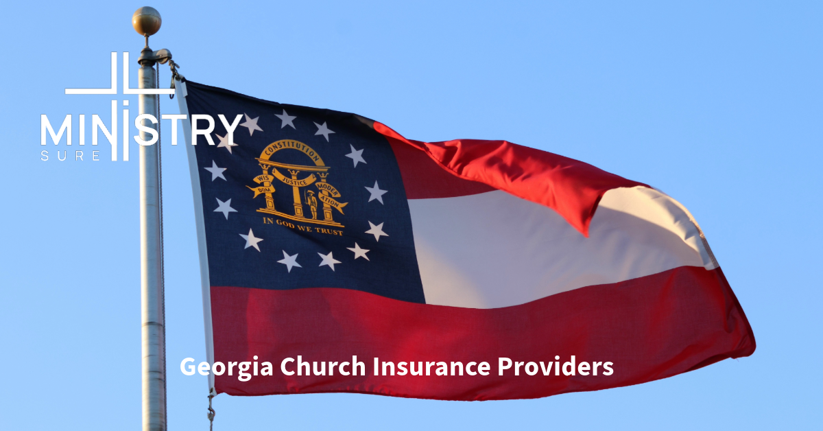 Georgia state flag waving against a clear blue sky with the MinistrySure logo and the title "Georgia Church Insurance Providers."