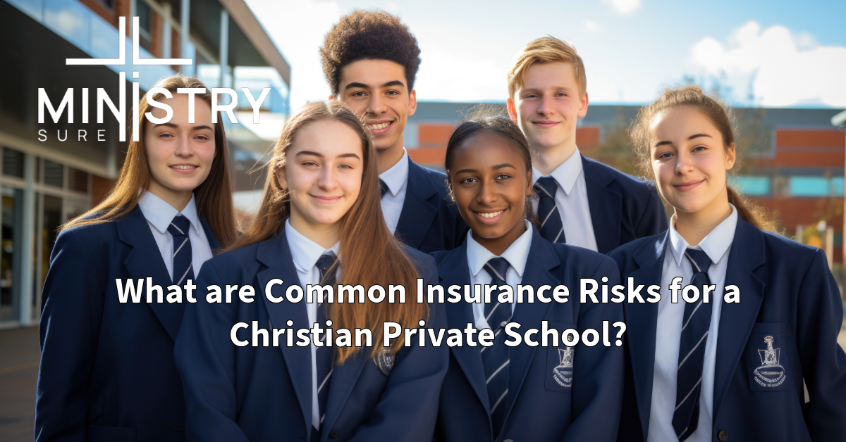 A diverse group of Christian private school students standing together in uniform, smiling confidently in front of their school, with the MinistrySure logo in the top left corner.