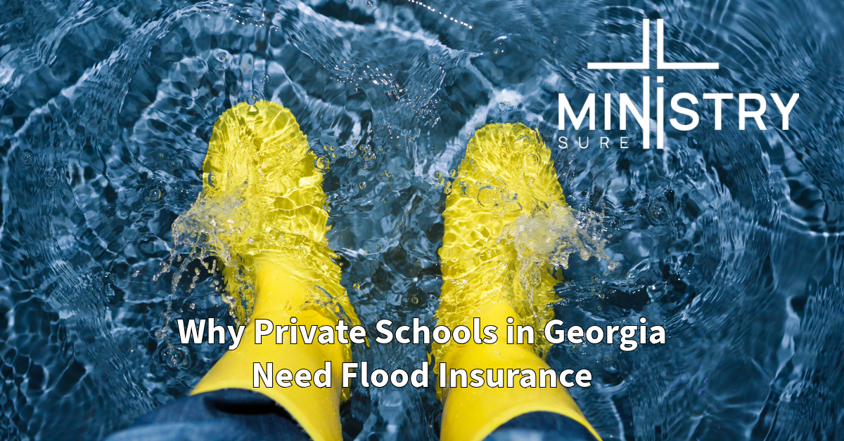  A close-up view of yellow rain boots splashing through floodwaters, with the MinistrySure logo in the top right corner. The title "Why Private Schools in Georgia Need Flood Insurance" is displayed across the lower portion of the image.

