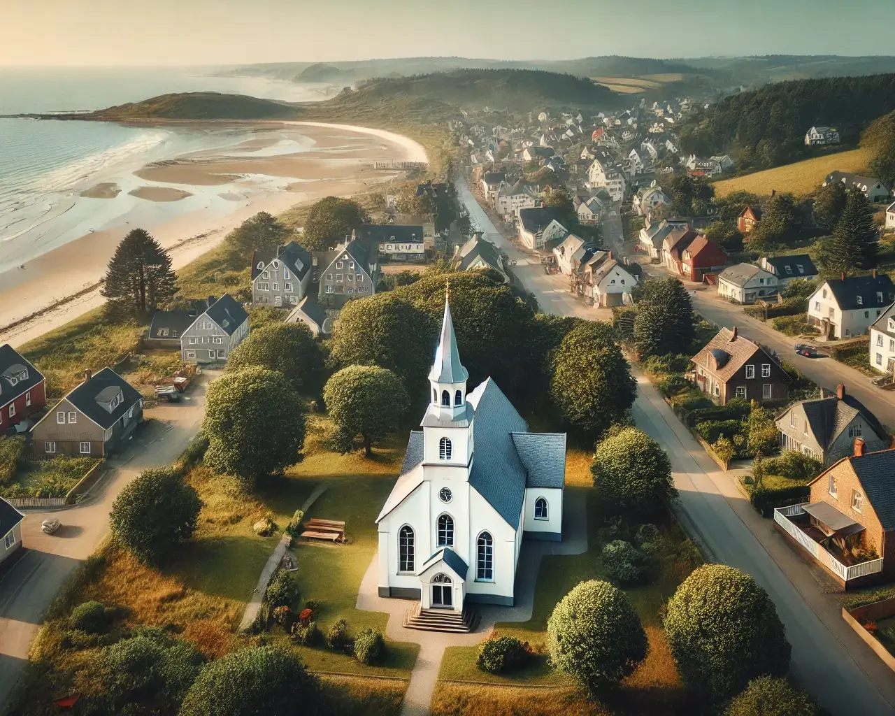 overhead view of a small coastal church facing insurance cancellation