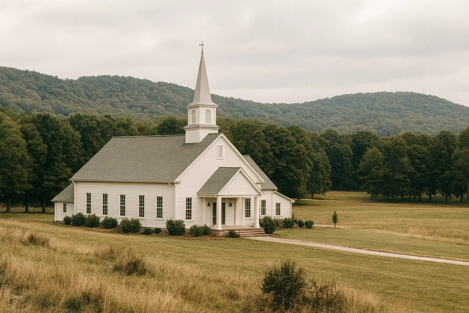 picture of a church in a field